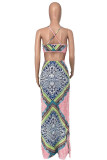 Multicolor Fashion Sexy Print Backless Slit Spaghetti Strap Sleeveless Dress