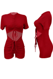 Red Casual Solid Hollowed Out O Neck Skinny Rompers