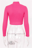Rose Red Fashion Casual Solid Basic Zipper Collar Tops
