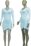Blue Casual Solid Patchwork Draw String Fold Asymmetrical V Neck Irregular Dress Dresses