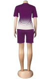 Purple Fashion Casual Letter Print Basic O Neck Short Sleeve Two Pieces