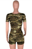 Army Green Fashion Casual Camouflage Print Hollowed Out V Neck Skinny Romper