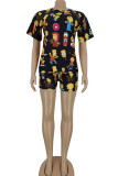 Black Fashion adult Ma'am Street Patchwork Print Character Two Piece Suits pencil Short Sleeve Two Pieces