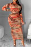 Yellow Sexy Print Backless O Neck Pencil Skirt Dresses