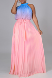 Pink Casual Gradual Change Patchwork Halter Cake Skirt Dresses