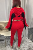 Red Sexy Solid Tassel Hooded Collar Long Sleeve Two Pieces