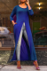 Blue Casual Solid High Opening O Neck Straight Dresses