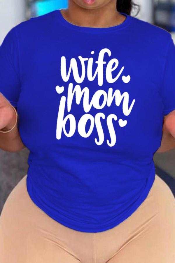 Royal Blue Fashion Casual Letter Print Basic O Neck T-Shirts