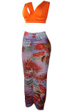 Orange Sexy Casual Print Vests V Neck Sleeveless Two Pieces