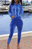 Blue Casual Solid Pearl Hooded Collar Long Sleeve Two Pieces