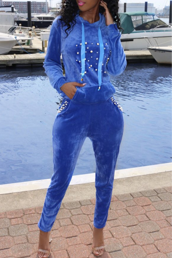 Blue Casual Solid Pearl Hooded Collar Long Sleeve Two Pieces