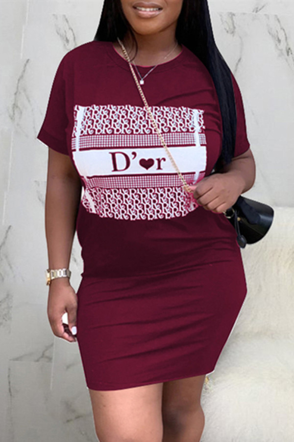Burgundy Fashion Sexy Regular Sleeve Short Sleeve O Neck Short Sleeve Dress Knee Length Print Dresses
