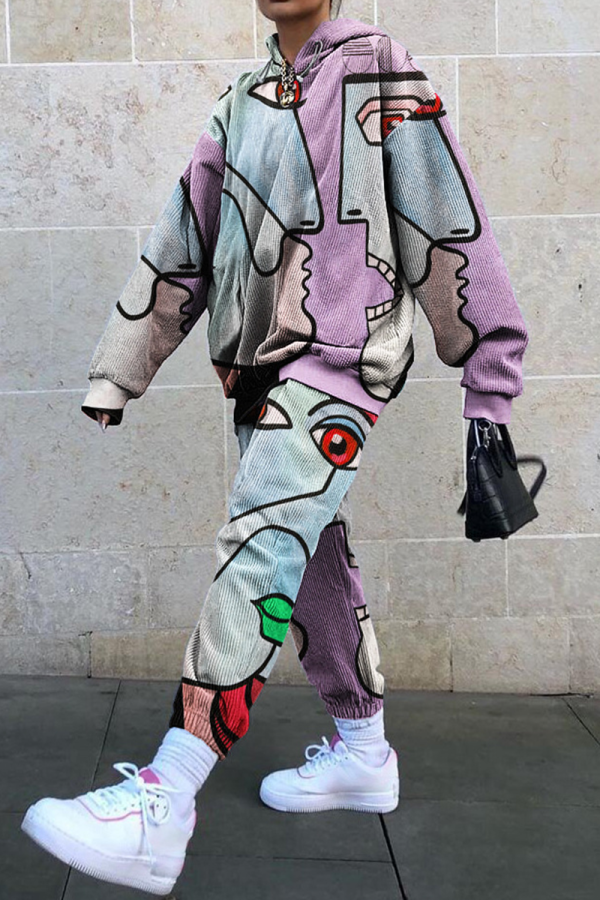 Multicolor Casual Print Patchwork Hooded Collar Long Sleeve Two Pieces