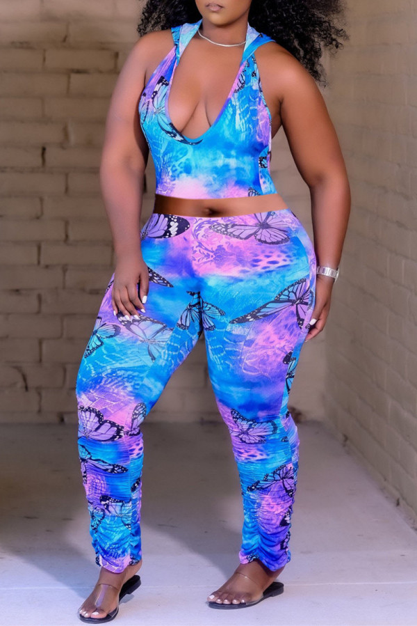 Blue Fashion Casual Butterfly Print Fold Hooded Collar Sleeveless Two Pieces