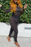 Red Fashion Sexy Solid Hollowed Out See-through Turtleneck Long Sleeve Two Pieces