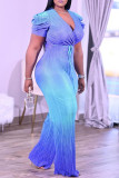 Blue Fashion Casual Gradual Change Print Basic V Neck Regular Jumpsuits