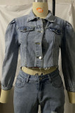 Light Blue Street Solid Turndown Collar Half Sleeve Denim