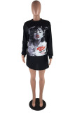 Black Sexy Print Patchwork O Neck A Line Dresses