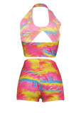 Pink Sexy Print Patchwork Backless Halter Sleeveless Two Pieces