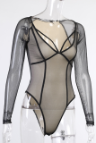Black Sexy Patchwork Mesh V Neck Skinny Jumpsuits