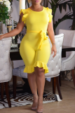 Yellow Casual Solid Flounce O Neck Regular Rompers