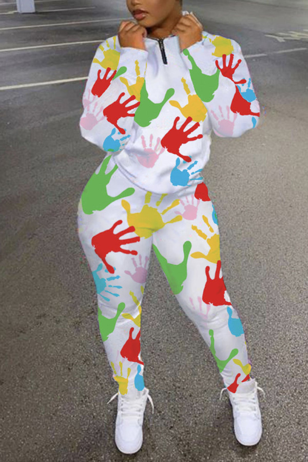 White Casual Print O Neck Long Sleeve Two Pieces