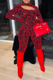 Red Sexy Leopard Patchwork Half A Turtleneck Skinny Jumpsuits