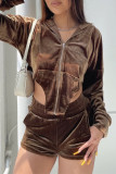 Dark Brown Fashion Casual Solid Asymmetrical Hooded Collar Long Sleeve Two Pieces