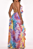Pink Sexy Print Patchwork Spaghetti Strap Irregular Dress Dresses
