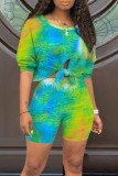 Red Casual Tie Dye Bandage Patchwork O Neck Half Sleeve Two Pieces