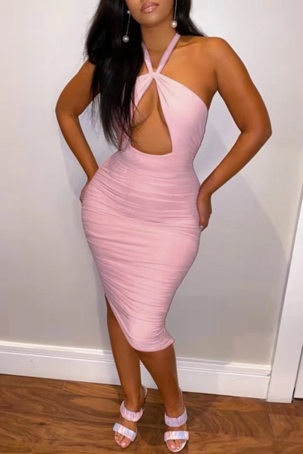 Pink Fashion Sexy Solid Hollowed Out Backless Halter Sleeveless Dress