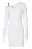 Green Sexy Solid Buckle Oblique Collar The MIDI Dress Dresses
