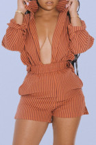 Orange Fashion Casual Striped Print Basic Turndown Collar Long Sleeve Two Pieces