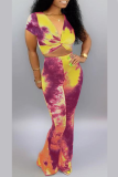 Yellow Sexy Print Split Joint V Neck Short Sleeve Two Pieces