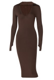 Red Sexy Solid Basic Turndown Collar Long Sleeve Dresses
