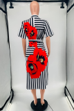 Red Casual Print Patchwork Turndown Collar Straight Dresses
