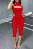 Red Fashion Sexy Solid Hollowed Out Asymmetrical Half A Turtleneck Sleeveless Two Pieces