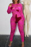 Rose Red Sexy Patchwork Hollowed Out O Neck Skinny Jumpsuits