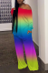 Yellow Casual Print Tie-dye O Neck Long Sleeve Two Pieces