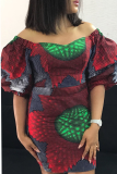 Wine Red Sexy Print Patchwork Bateau Neck Pencil Skirt Dresses