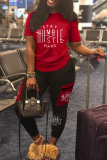 Red Sexy Print Patchwork O Neck Short Sleeve Two Pieces