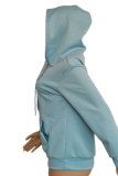 Light Blue Casual Print Patchwork Hooded Collar Tops
