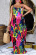 Red Sweet Print Patchwork Spaghetti Strap Pleated Dresses