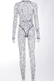 Black And White Casual Print Hollowed Out Patchwork O Neck Long Sleeve Two Pieces