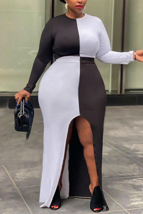 Black And White Fashion Patchwork Slit O Neck Long Sleeve Two Pieces