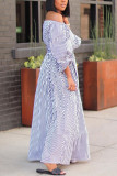 Blue Fashion Casual Off The Shoulder Three Quarter Bateau Neck Printed Dress Floor Length Striped Dresses