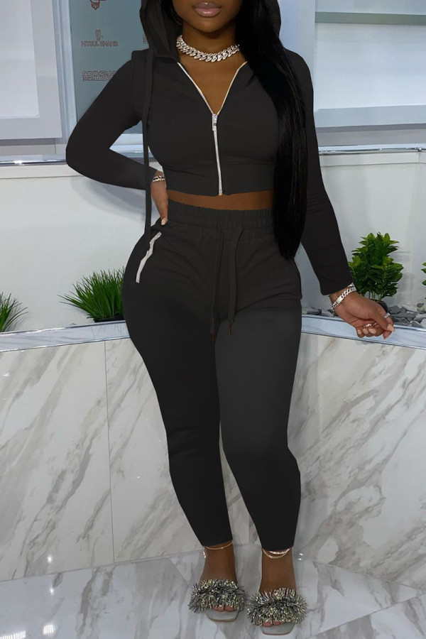Black Fashion Casual Solid Zipper Hooded Collar Long Sleeve Two Pieces