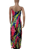 Red Sweet Print Patchwork Spaghetti Strap Pleated Dresses
