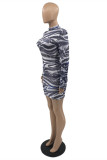 Grey Fashion Casual Print Basic Half A Turtleneck Long Sleeve Dresses