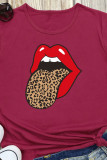 White Black Grey Green Pink Yellow Light Gray Wine Red O Neck Short Sleeve Leopard Lips Print Tops